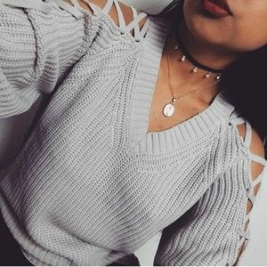 Gray sweater lace up shoulders